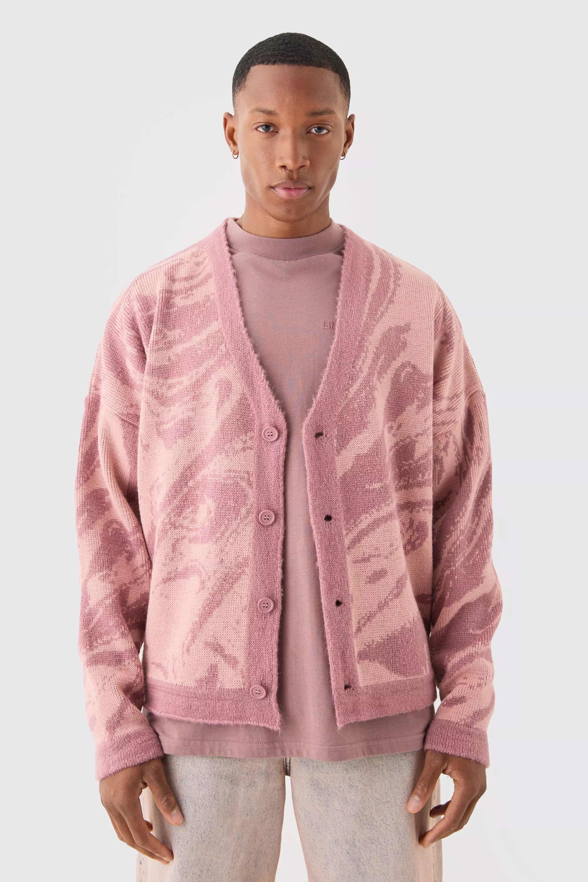 Boxy Oversized Brushed Abstract All Over Cardigan boohooMAN USA